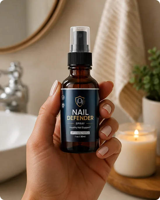 A hand holding a Nail Defender Spray bottle beside a bathroom sink